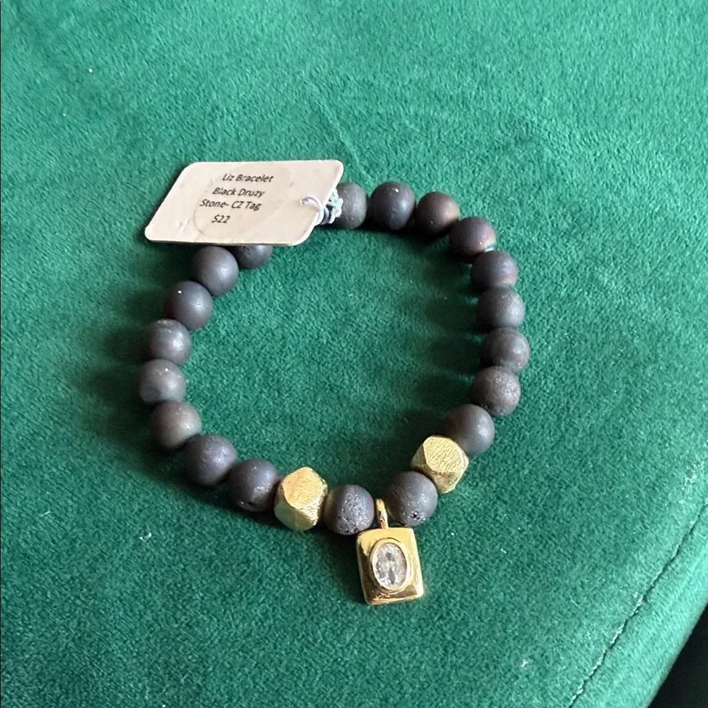 Stretch Bracelet Gold Hematite Stone Beads &m CZ Gold Charm NEW